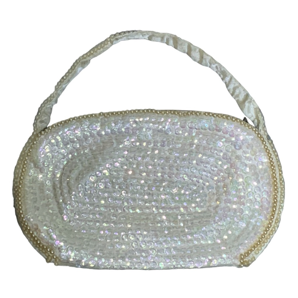 La Regale Vintage Evening Clutch Bag 1960 Pearl Beaded Sparkle Sequin Off White - Picture 9 of 16